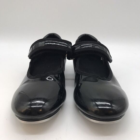 Danskin Freestyle Tap Dance Shoes Girls 13 Black Patent Leather Hook Loop Strap - Picture 2 of 11